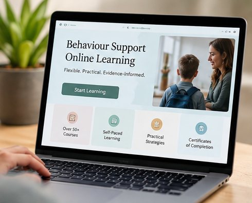 A laptop showing behaviour support online learning courses