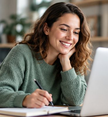 A behaviour support trainee smiling while learning online